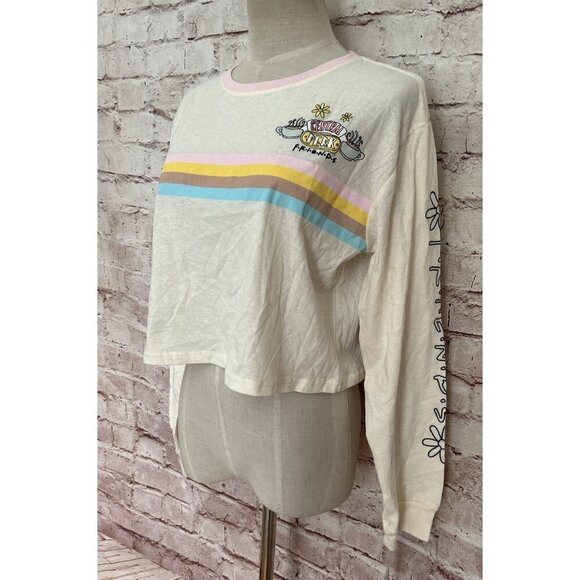 FRIENDS Central Perk Long Sleeve Crop Top Tee Shirt Ivory Juniors Size XS NEW - Picture 3 of 4